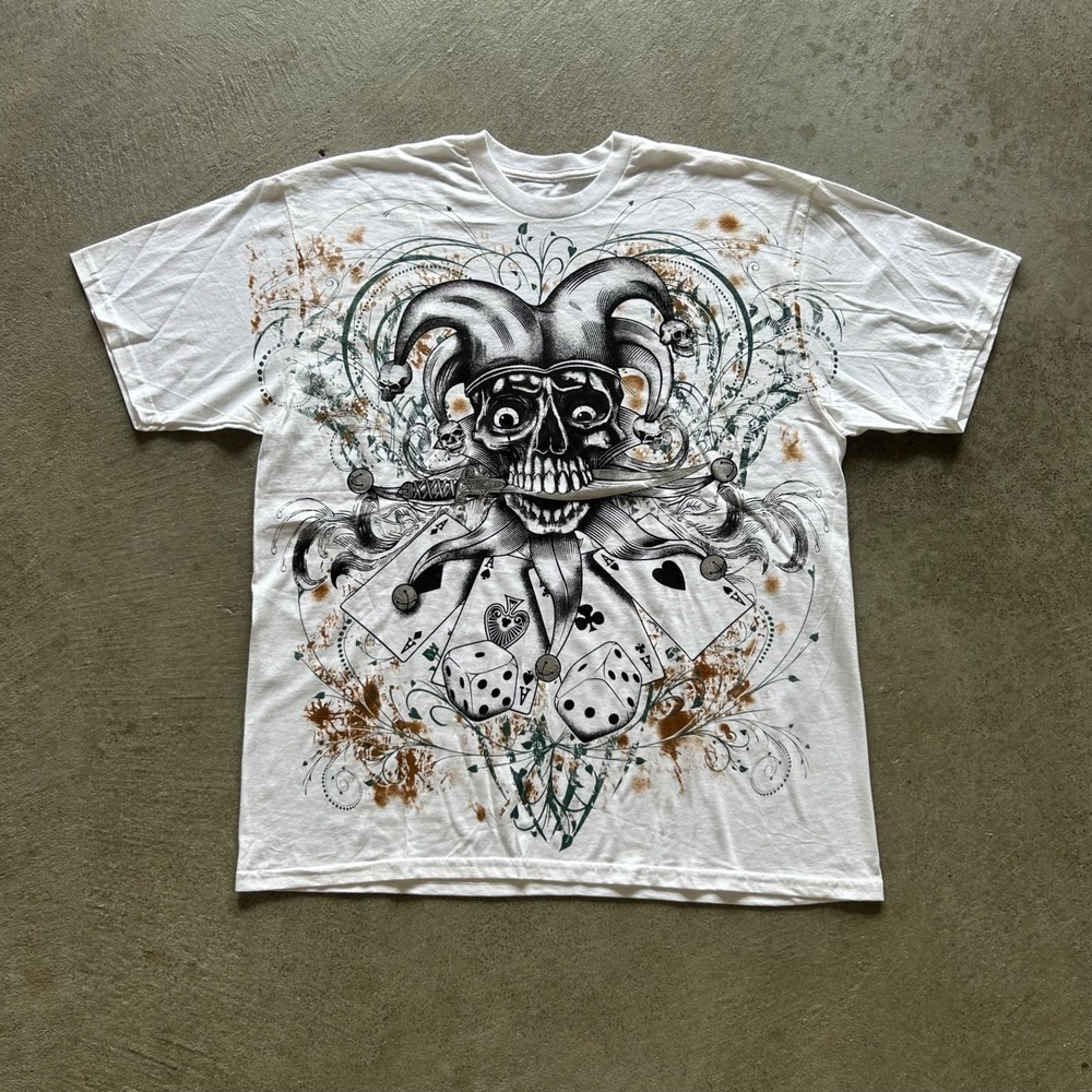 Vintage Nike Jester Shirt Size XL White Y2K Skull Dice Playing Cards Grunge Punk